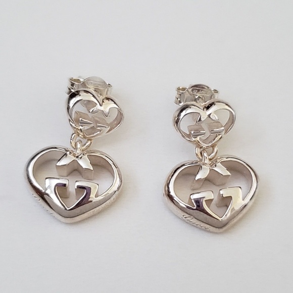 GUCCI Sterling Silver Love Britt Double G Heart Drop Earrings